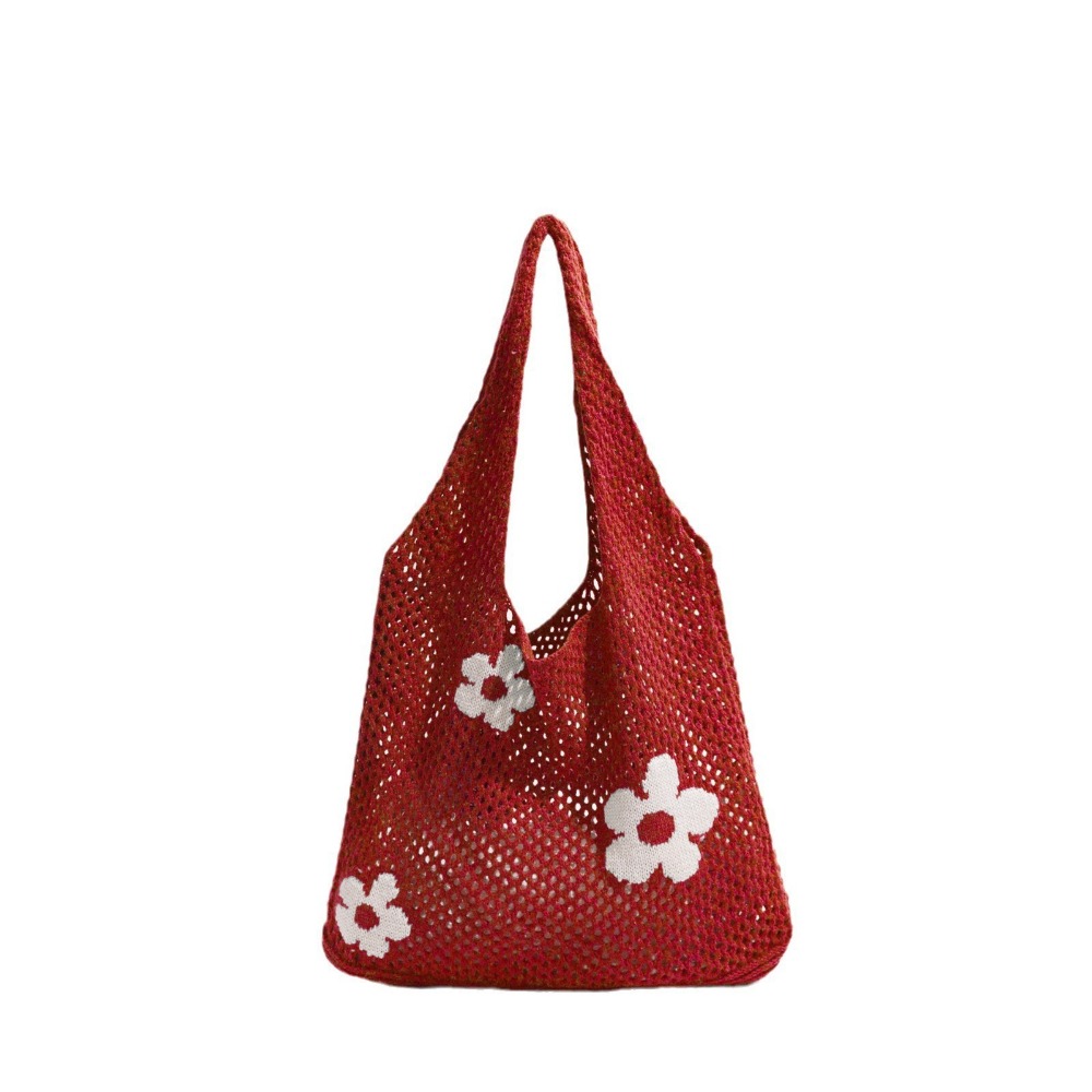 HUAN Dung lượng lớn Túi Tote Dệt  Vai đơn Thiết kế Openwork Túi xách hoa Phong cách cổ điển Kết cấu lưới Túi đeo vai bằng lưới Túi mua sắm - 5