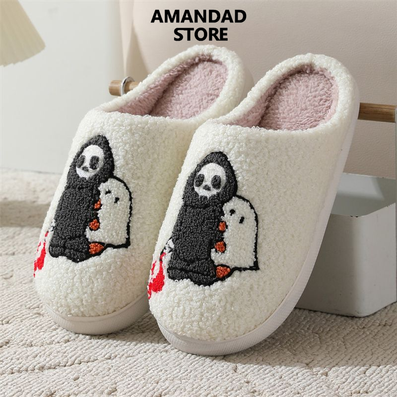 Qiaoyuluo dép họa tiết hoạt hình bộ xương Halloween ấm cúng cho nam và nữ, dép đi trong nhà cotton trong nhà ấm áp với Đế TPR chống trượt