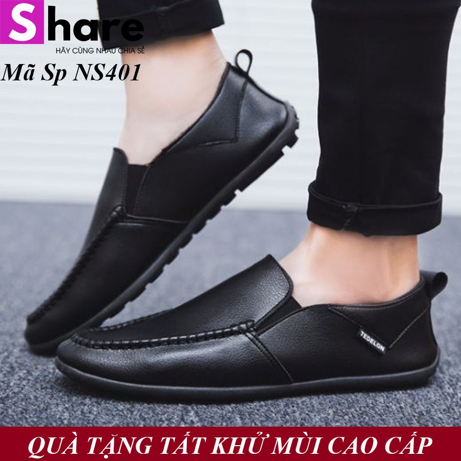 Tặng tất lười cao cấp - giày lười nam hàn quốc màu đen phong cách