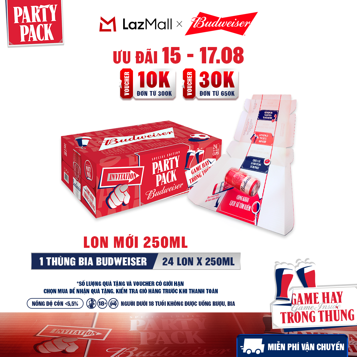 Thùng 24 Lon Bia Budweiser PartyPack Chính Hãng (250ml/lon)