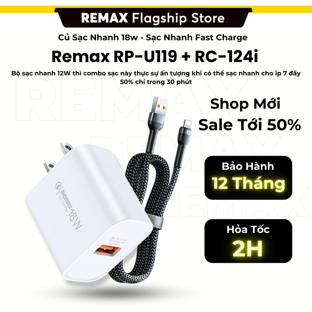 Cáp Sạc Remax RC-124i Hỗ Trợ Sạc Nhanh Cho 13 Pro Max Trở Xuống - Remax Việt Nam Bảo Hành 12 Tháng 1 Đổi 1