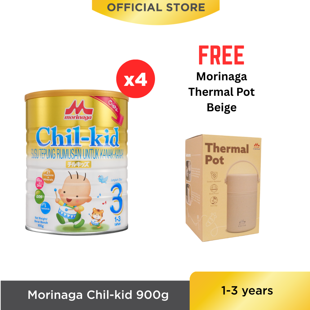 Morinaga Chil-kid Step 3 (No Sucrose) 4 tins x 900g [Free 1 Morinaga Thermal Pot]