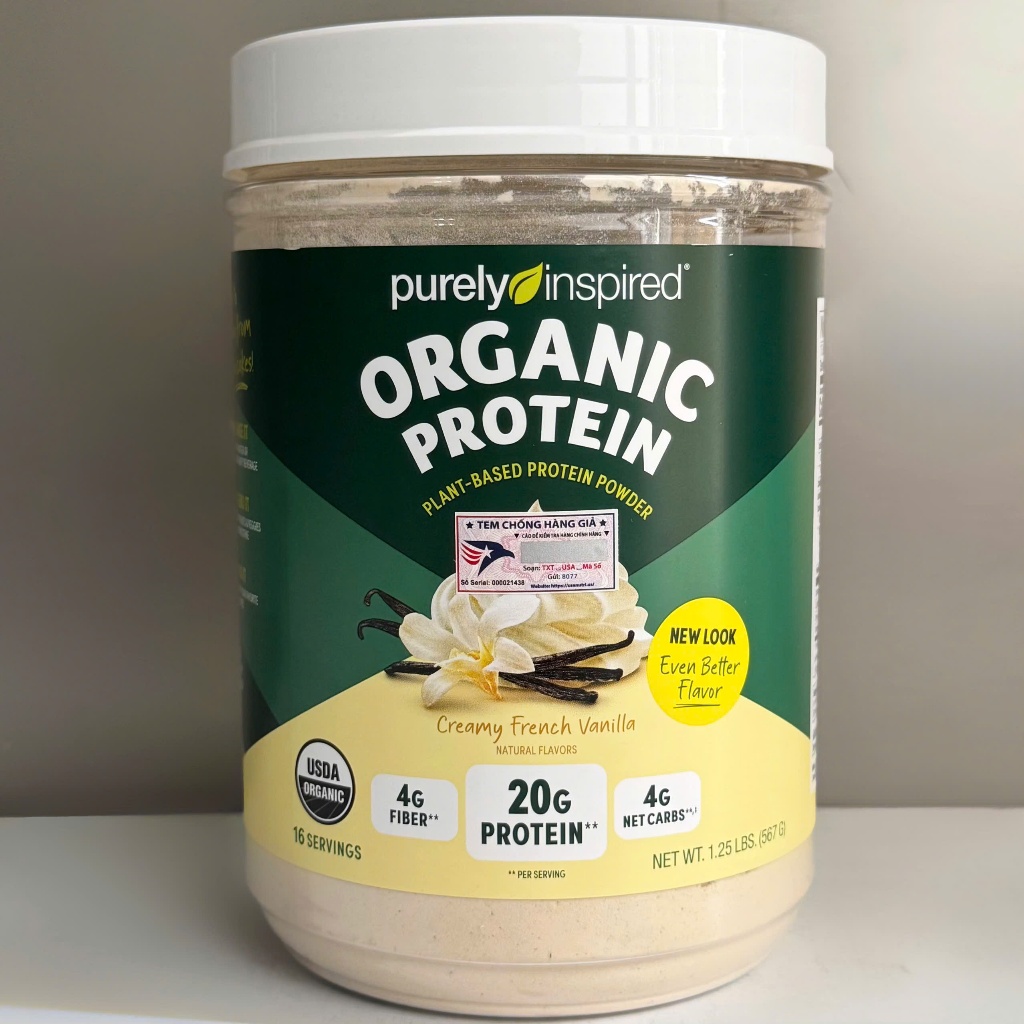 Đạm thực vật hữu cơ Organic Protein ''Purely Inspired'' : 20g protein 16 lần dùng - ▪️ Nguồn protein chủ yếu: Gạo Lứt - Hạt Chia - Gai Dầu - Hạt Đậu Protein ▪️ Chứa 4g chất xơ từ Rau bina, Bông cải xanh, Hạt lanh, Cỏ linh lăng, Quả việt quất