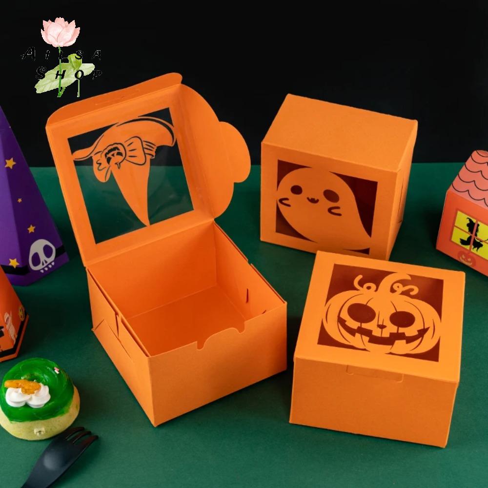 AILSA 50PCS Giấy kraft Hộp quà kẹo Halloween Họa tiết ma/bí ngô/nhện Cửa sổ trong suốt Hộp bánh quy Đồ dùng tiệc theo chủ đề Hình vuông Hộp đóng gói kẹo Tiệm bánh