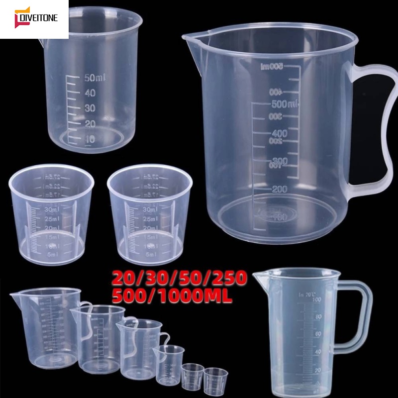 DIVEITONE ถ้วยตวง พลาสติกใส ขนาด 20 มล. 30 มล. 50 มล. 250 มล. 500 มล. 1000 มล. สําหรับทําเครื่องประดับ เบเกอรี่ บีกเกอร์ เหยือก ถ้วย ภาชนะทําเครื่องประดับ ราคา 2 บาท*ส่งฟรี