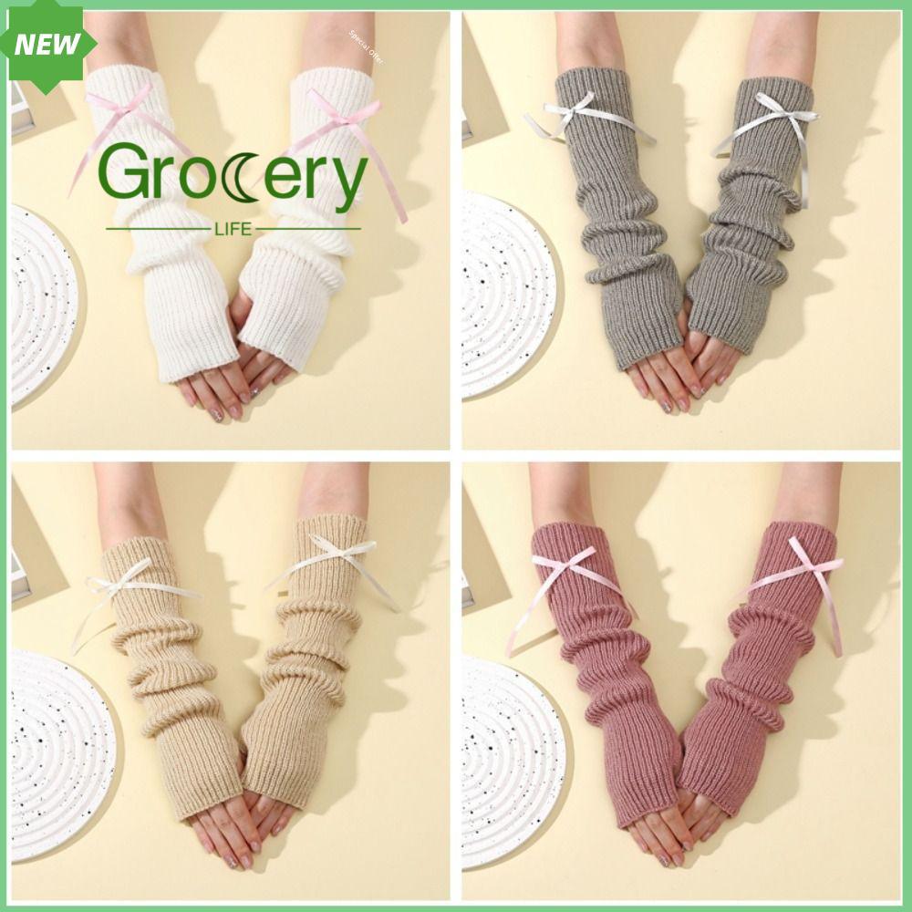 GROCERY LIFE Nơ Găng tay dài cho cổ tay Làm dày Y2K Găng tay nửa ngón Thời trang Mềm mại Tay áo đan Phụ nữ