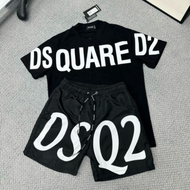 Hot Bộ Cộc Tay Nam Nữ DSQ2 Mặc Hè, Bộ Quần Áo Cộc DSQ in Họa Tiết Chữ Dsquared2 Ngang Thân Bản Basic Siêu Hot
