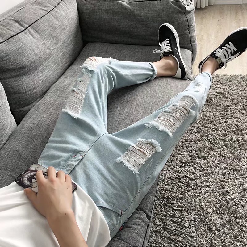 Quần jean naimo quần Quần lửng nam hai cực rách jean trắng ôm vừa quần bó Hàn Quốc quần vải bông ché