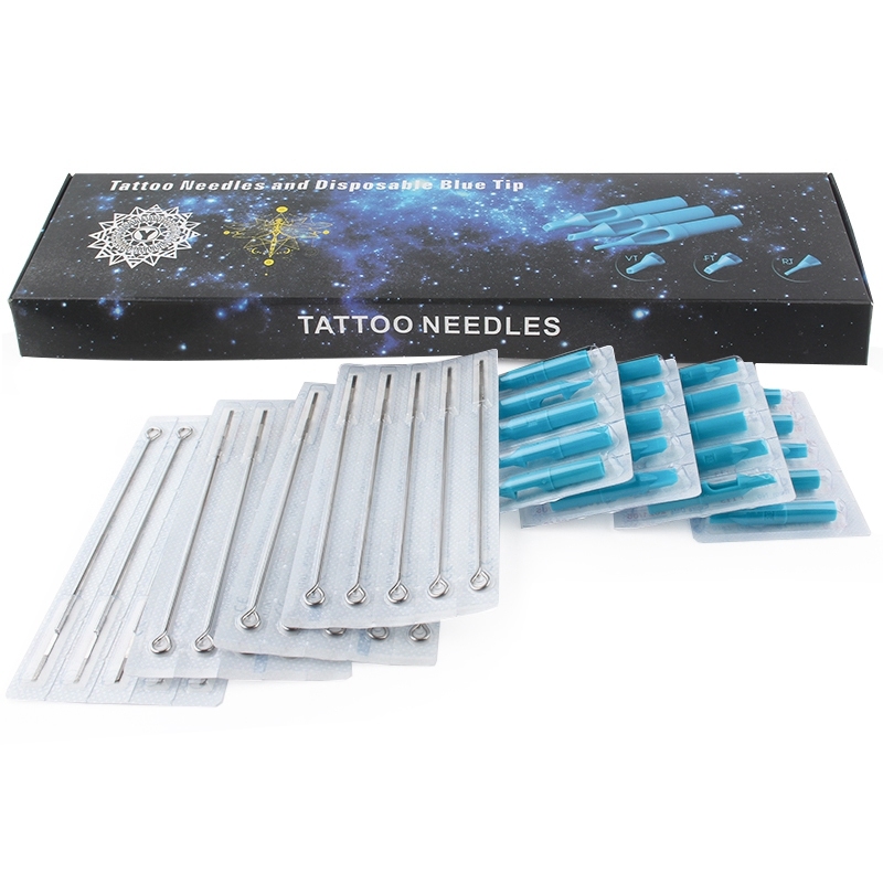 20Pcs Stainless Steel Tattoo Needles Set With 20Pcs Disposable Tattoo Tips Tubes Set Sterile Nozzle Semi-Permanent Blue