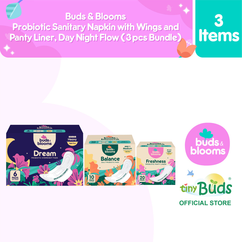 Buds & Blooms Probiotic Sanitary Napkin with Wings & Panty Liner Day Night Flow (3 pc Bundle)