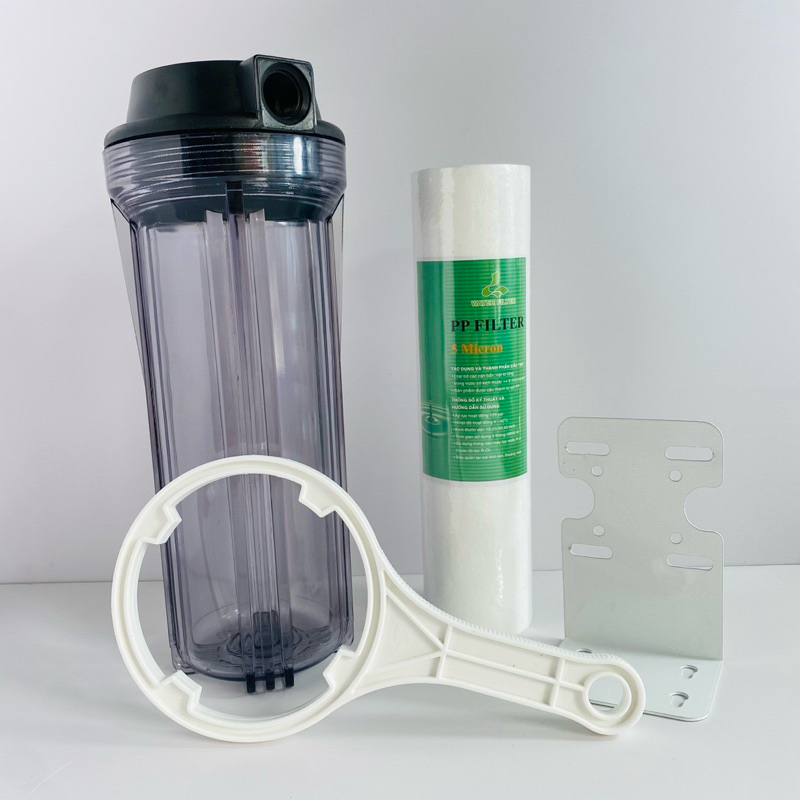 (CHÚ Ý CHỌN MÀU)Bộ cốc lọc nước thô Trong/xanh 10 inch ren 21mm đầy đủ phụ kiện