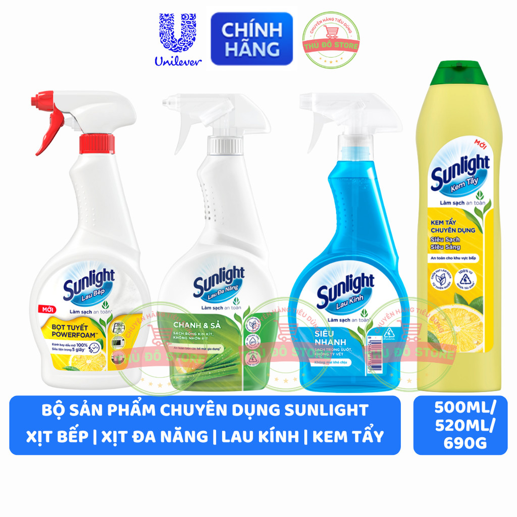 Bộ Sản Phầm Nhà Bếp Sunlight Chanh Sả | Xịt Bếp Bọt Tuyết | Lau Kính | Kem Tẩy - Chai 500ML | 520ML | 690G