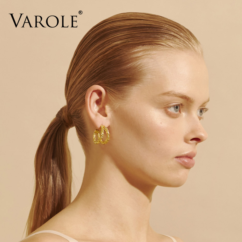 [WFDRESS] VAROLE Double Line Texture Hoop Earrings For Women Gold Color Statement Metal Big Hoops Earings Fashion Jewelry ✬✫✩