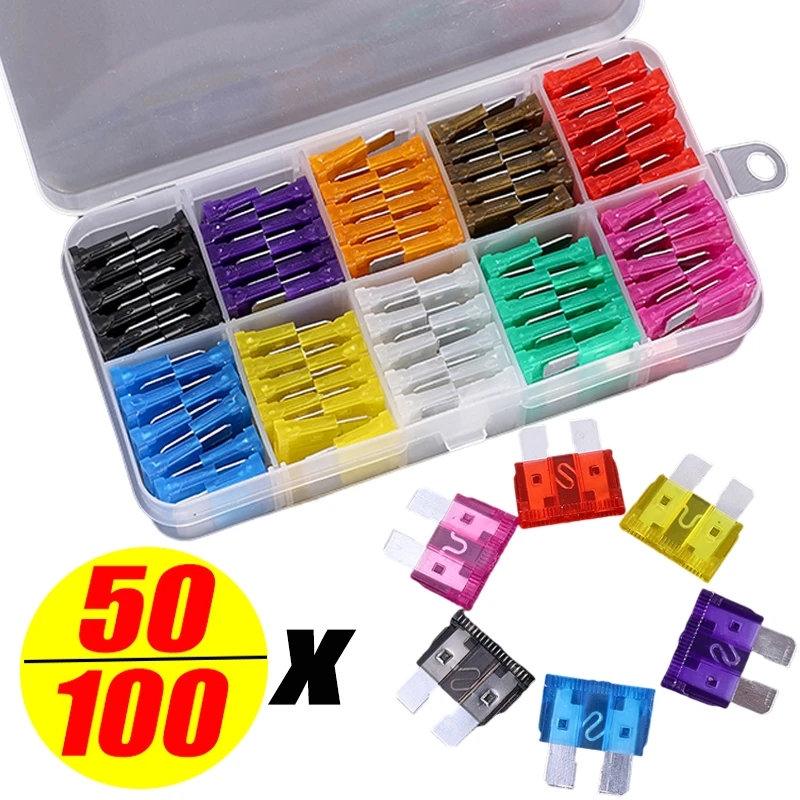 50/100pcs ô tô Bộ cầu chì Kích thước trung bình cầu chì lưỡi cho xe tải tự động 2-35a cầu chì với hộp Clip phụ kiện ô tô