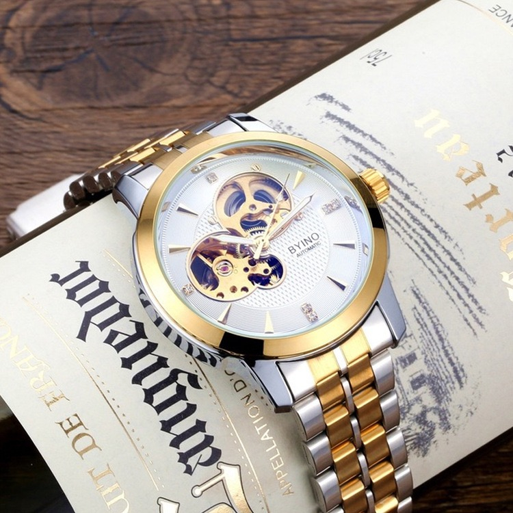 Đồng Hồ Nam Cơ Automatic Byino JAPAN WATCH Thiết Kế Lộ Tim Cơ Dây Thép Cao Cấp Không Gỉ Size 40mm