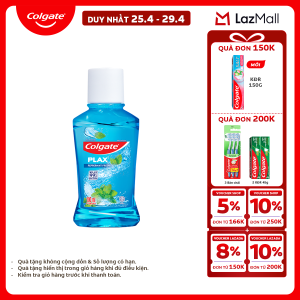 [Chỉ 25-29.4_X2 Voucher giảm 20%] Nước súc miệng Colgate diệt 99% vi khuẩn Plax bạc hà 100ml/chai