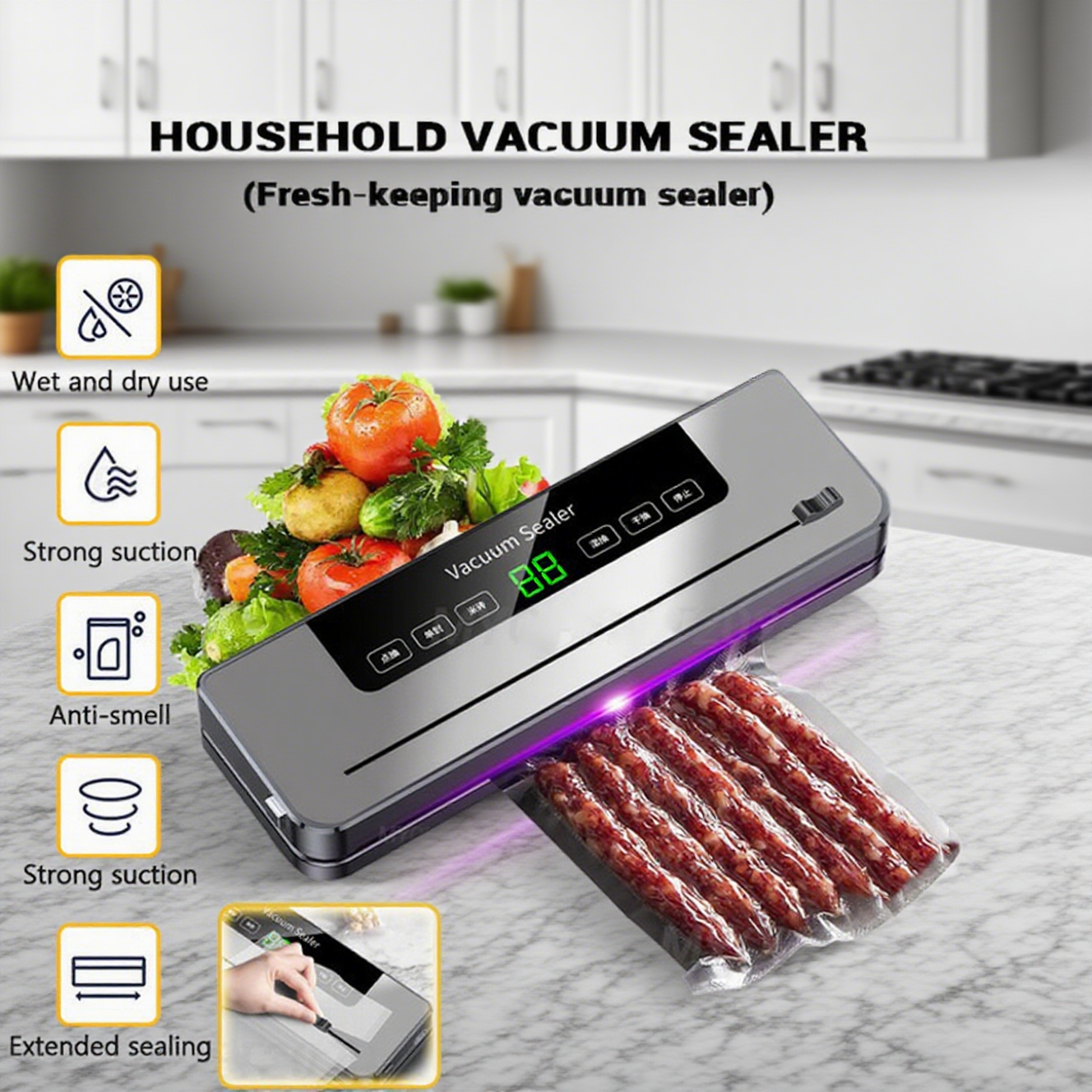【Cod】Vacuum Sealer with Portable Food Sealing Bag Vacuum Sealer Commercial Vacuum and Automatic Dry Sealer Harga 207,899 rupiah*Gratis Ongkir
