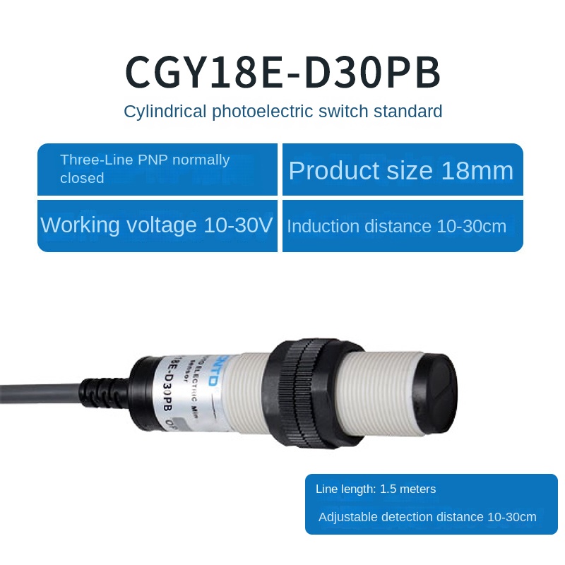 Cảm Biến Quang Điện CGY18E-D30PB M18 CNTD - tùy chọn PNP/NPN Thường Mở/Thường Đóng, 3 Dây, M18, 10-30cm