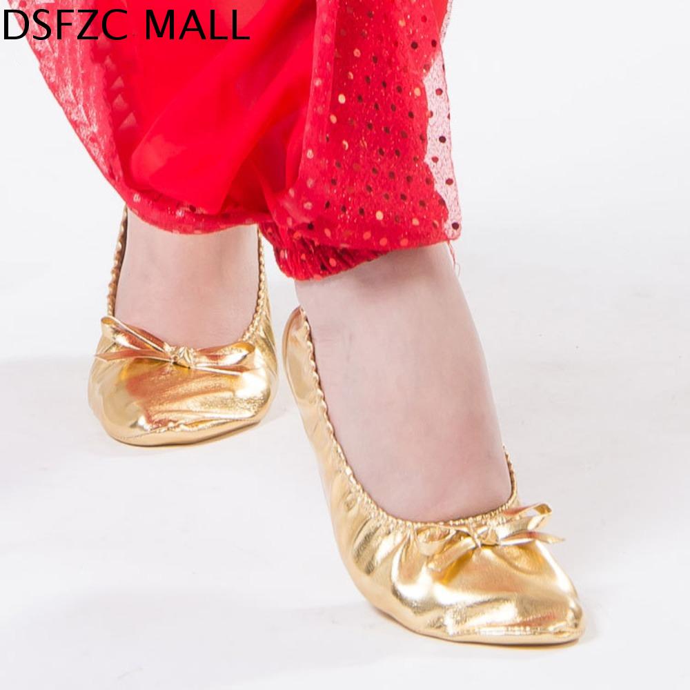 DSFZC Vàng Giày múa bụng Nơ Da Giày khiêu vũ Ấn Độ Thoải mái Mũi tròn Giày búp bê Bé gái