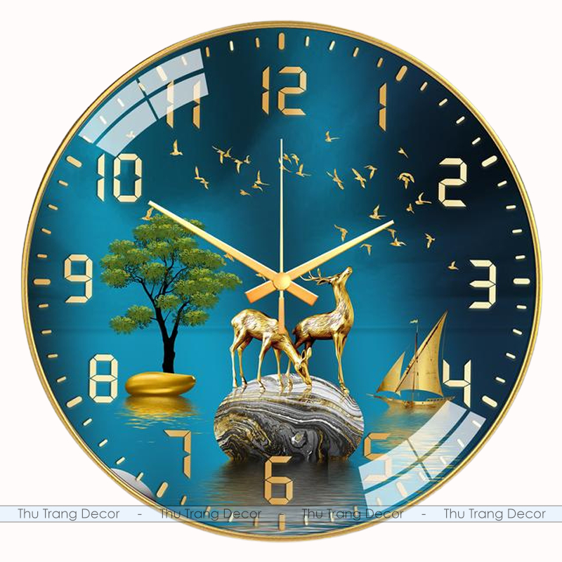 Đồng Hồ Tròn Tráng Gương "HƯƠU TUẦN LỘC" In UV 5D Cao Cấp