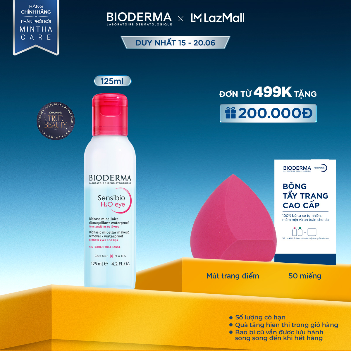 Tẩy trang mắt môi Micellar 2 lớp thế hệ mới: Sạch thoáng  Mềm ẩm Bioderma Sensibio H2O Eye - 125ml