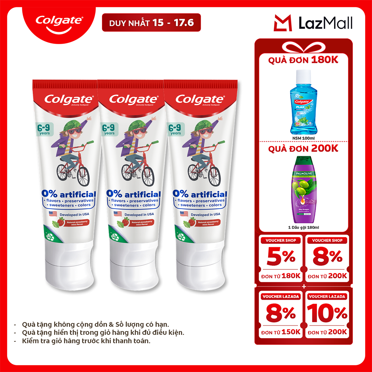 Bộ 3 Kem đánh răng Colgate Kid Free From dành cho trẻ em 6-9 tuổi không hương liệu và chất bảo quản 80g