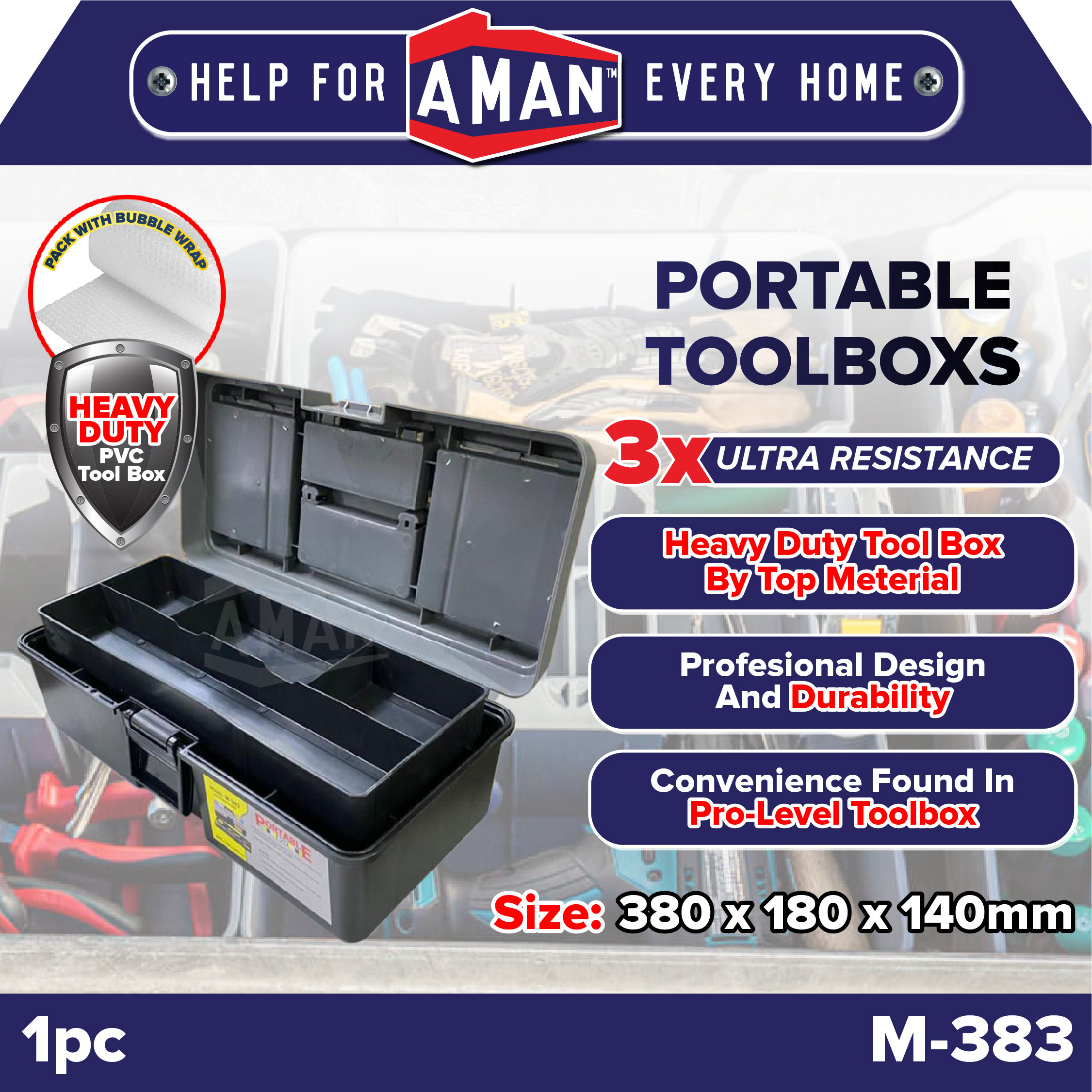 AMAN Heavy Duty Hard Plastic Multi Purpose Tool Box Toolbox Storage Box Hardware Kotak Alatan Bekas Hardware 工具箱 M-380