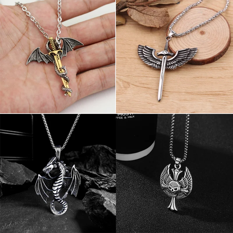 Rồng bay mới chéo kiếm Mặt Dây Chuyền Nam Dây Xích Dây cáp phong cách cổ điển Rồng cánh PUNK ROCK Gothic trang sức độc đáo