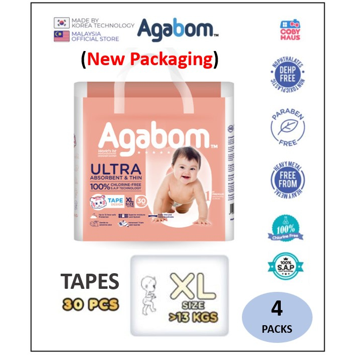 [4 Packs] Agabom Ergonomic Baby Comfy Diapers - Tape (NB/S/M/L/XL) / Pants (M/L/XL/XXL) / Agabom Baby Wipes