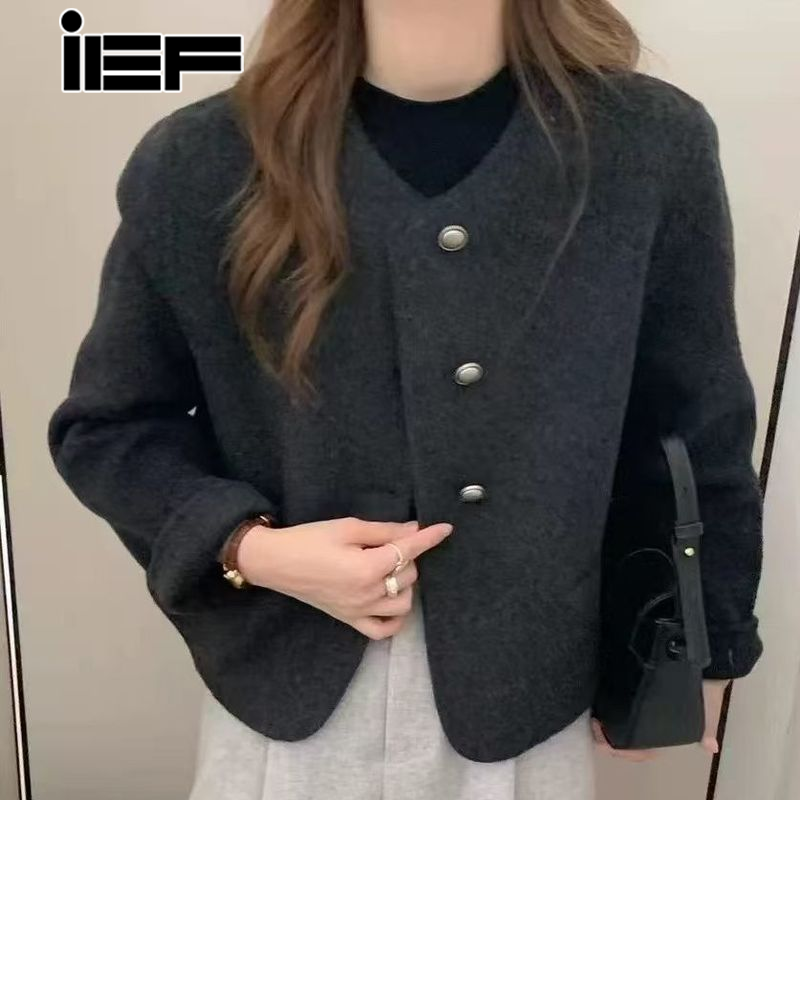 Ief Áo khoác đen phong cách Hàn Quốc phong cách cổ điển Áo Cardigan ngắn áo khoác len nữ Cúc Thanh Lịch Áo khoác đi làm dễ phối thanh lịch