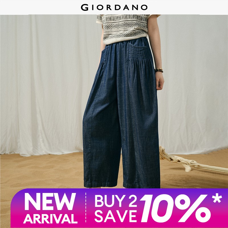 GIORDANO Women Jeans Pleated Pockets Loose Denim Pants Elastic Waist Wide Leg Ankle Length Fashionable Casual Pants 18426608 ราคา 2,369 บาท*ส่งฟรี