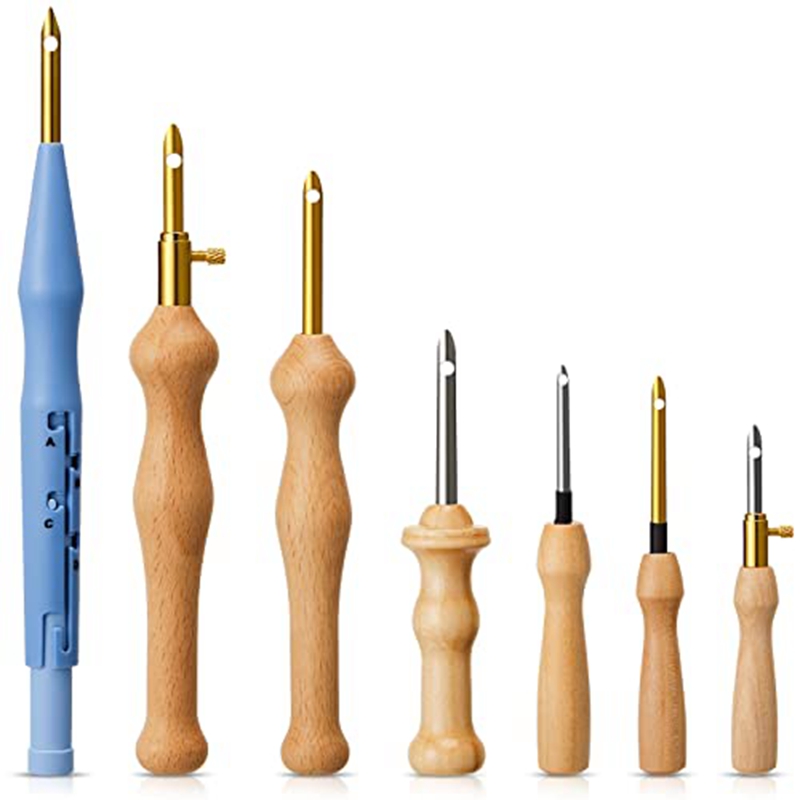 (IDOQ) 7 Pcs Embroidery Punch Needle Yarn Sewing Wooden Handle Embroidery Pen Rug Hooking Tool