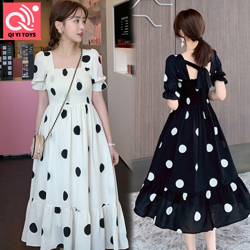 Váy bầu Vuông Cổ Polka Dot puff-tay áo dài Đầm bầu