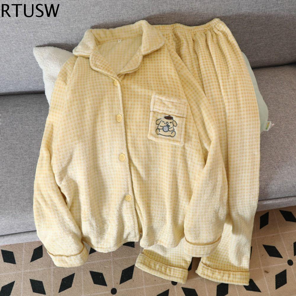 RTUSW Mèo Kitty Bộ Đồ Ngủ Vải flanen Gấu Hoạt hình Đồ Ngủ Vải nhung lông dài tay Thời trang Ấm áp Đồ ngủ lông cừu san hô Phụ nữ