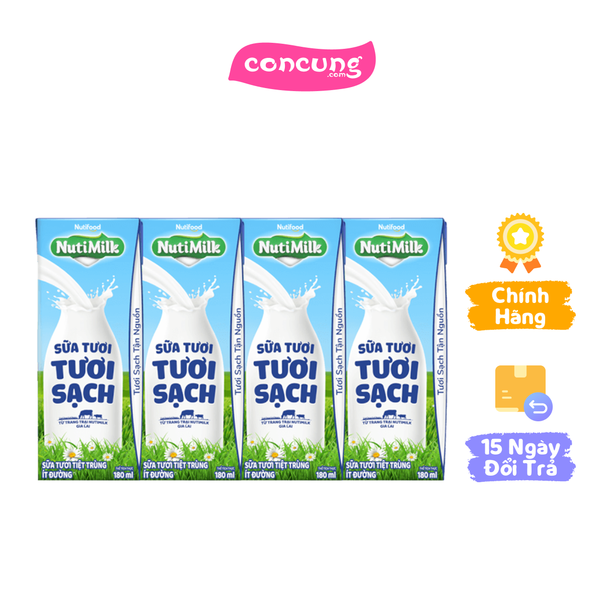 Sữa tươi sạch tiệt trùng Nutimilk, ít đường, 180ml (lốc 4 hộp)