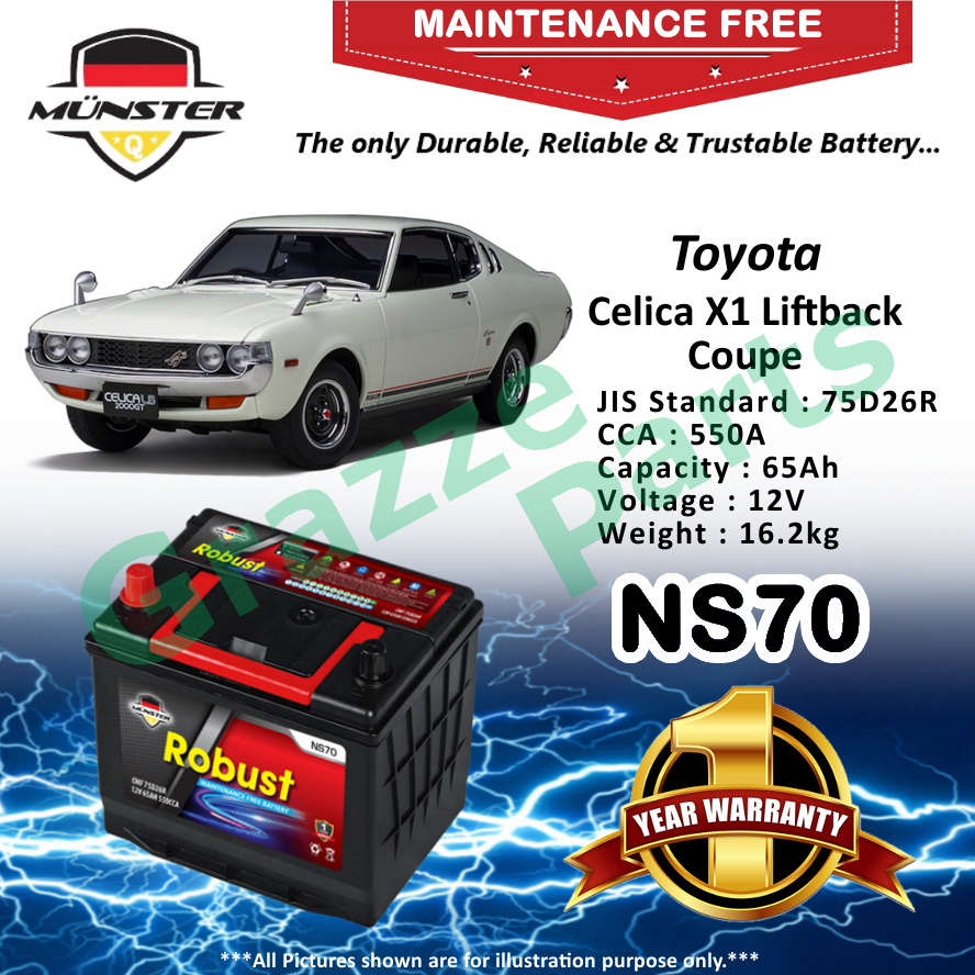 Mnster Robust MF CMF NS70 | NS70R | 75D26R (65AH) Car Battery Bateri Kereta for Toyota Celica X1 Liftback Coupe