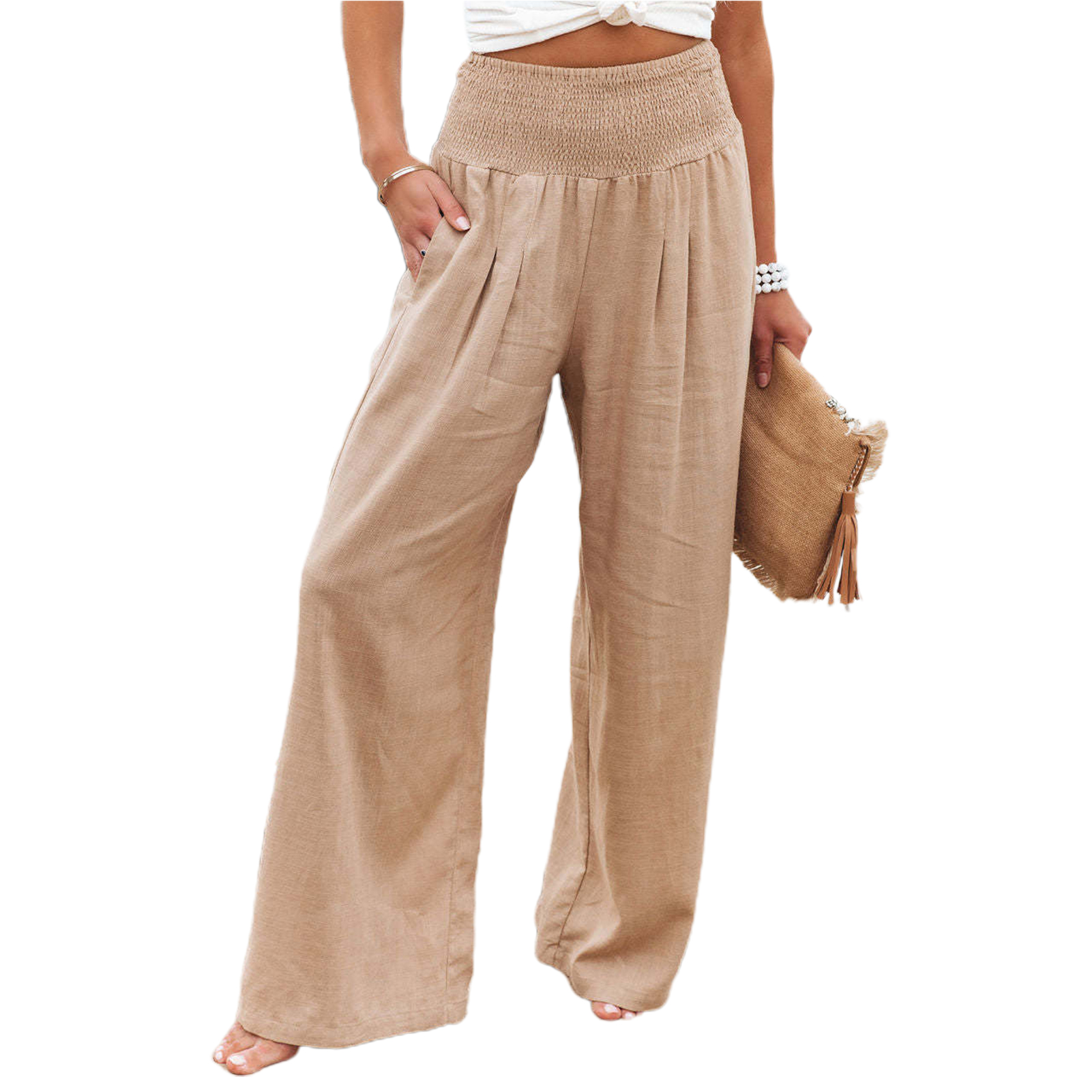 Phụ nữ quần màu trơn túi mùa hè Loose-Fitting quần xuông thời trang dạo phố