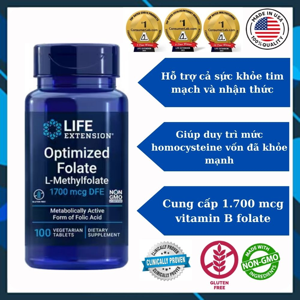 Viên uống optimized folate hỗ trợ sức khỏe tim mạch 1,700 mcg dfe hsd 31/05/2025