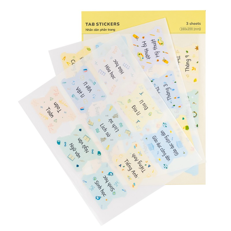 Set 3 nhãn dán học tập study sticker ms 720, bộ 3 tấm nhãn dán phân trang tiện lợi tab sticker ms 721 klong