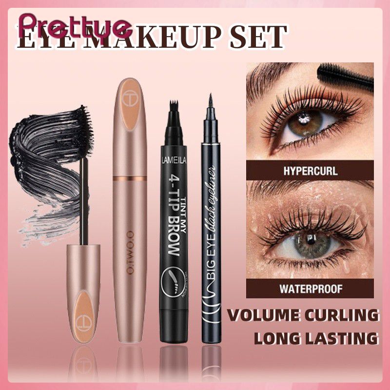 Prettye trang điểm mắt 3 Bộ Mascara bền lâu Mascara Lông Mi Sợi lụa 3D O.TW o.o + Bút chì kẻ lông mày bốn ngạnh + Bộ mỹ phẩm bút bút kẻ mắt nước không thấm nước
