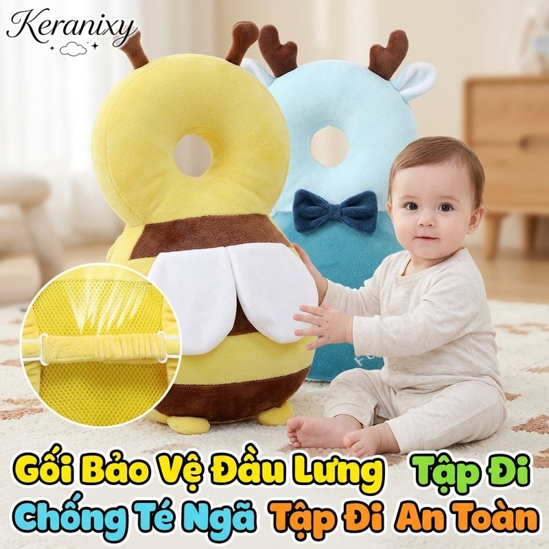 Keranixy Gối Bảo Vệ Cho Bé Tập Đi Tập Bò Chống Va Đập Đệm Lưng Đệm Đầu Quai Đeo Mềm Nhẹ Chất Liệu Bông