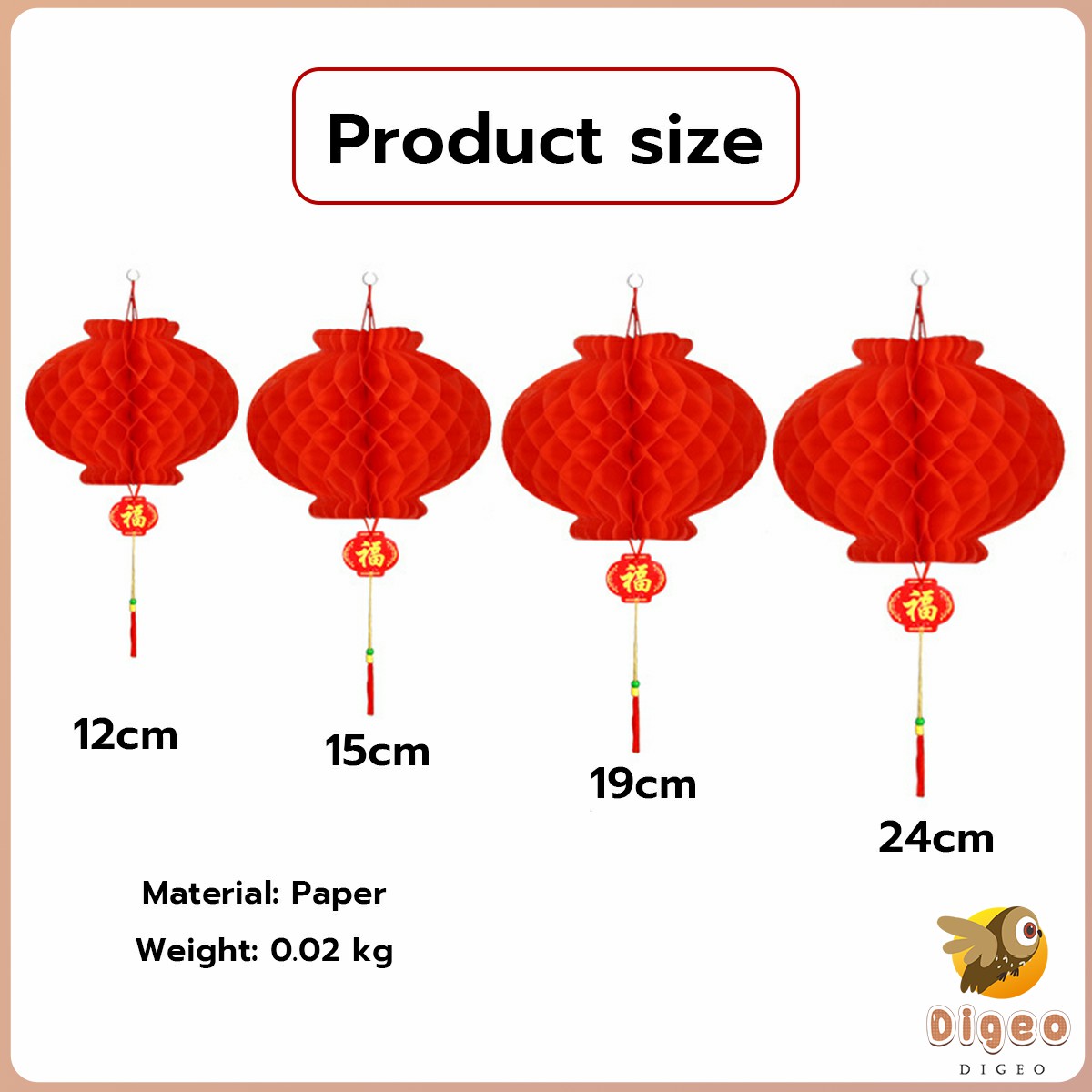 Digeo 10Pcs Round Lantern Chinese Red Lanterns Plastic Waterproof New Year Decoration