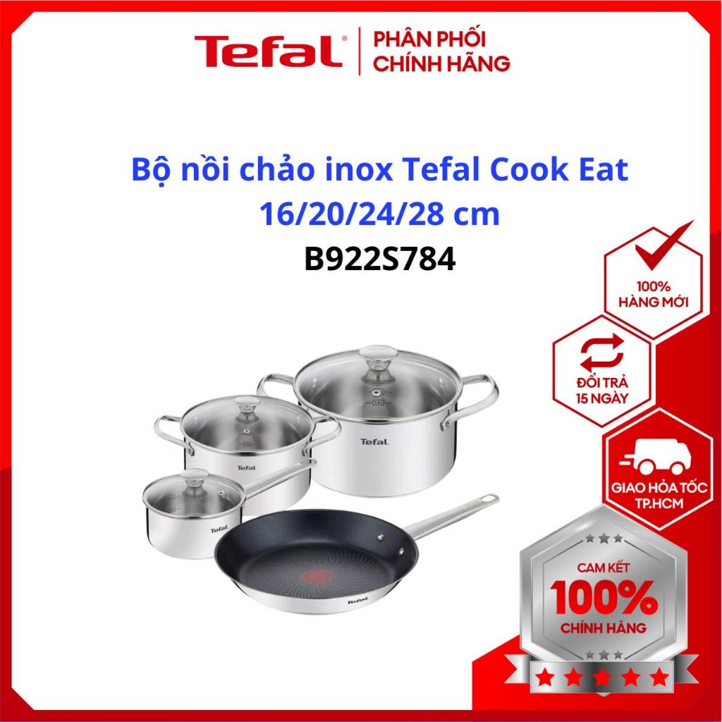 Bộ nồi chảo inox Tefal Cook Eat size 16/20/24/28 cm (B922S784) - Hàng chính hãng bảo hành 24 tháng