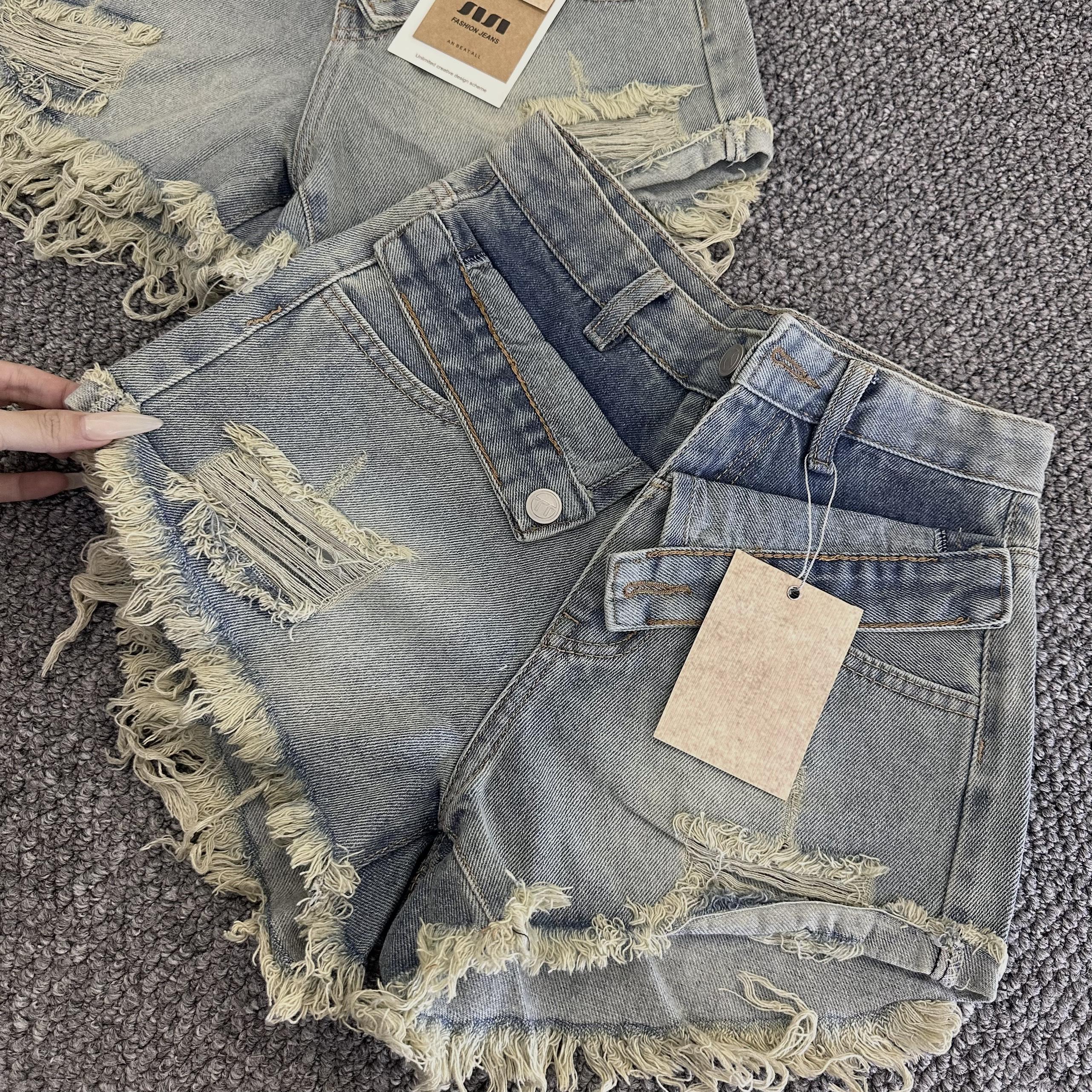 Quần sọt đùi short jean nữ dáng ngắn rách 2 lưng lai tua rua - Denim Pants Women