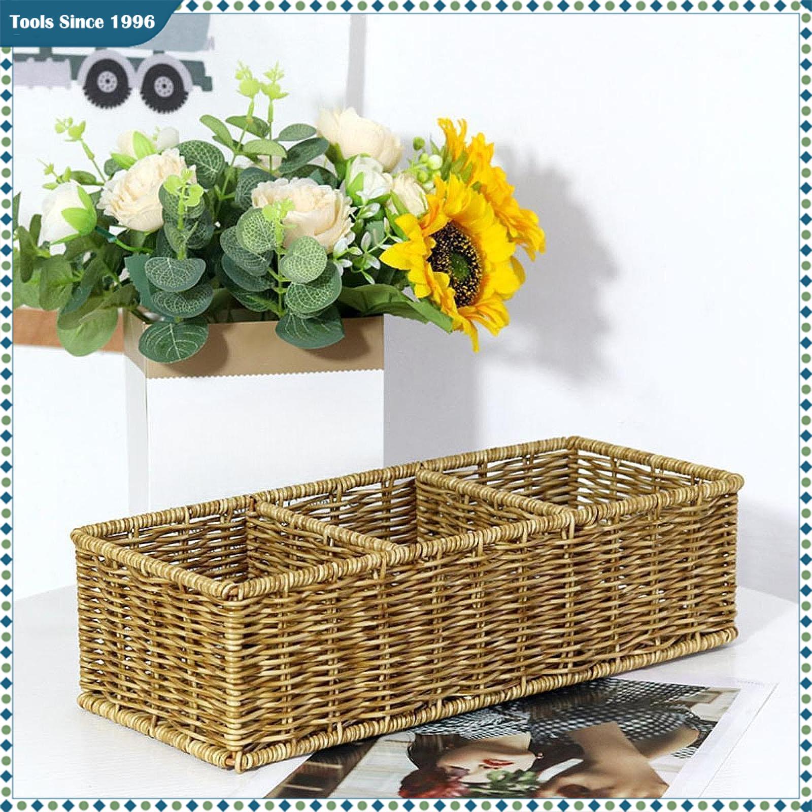Loviver Woven Basket with 3 Compartments Rustic Container Storage Organizing for Cupboards Bathroom Dresser Desk Pantry
