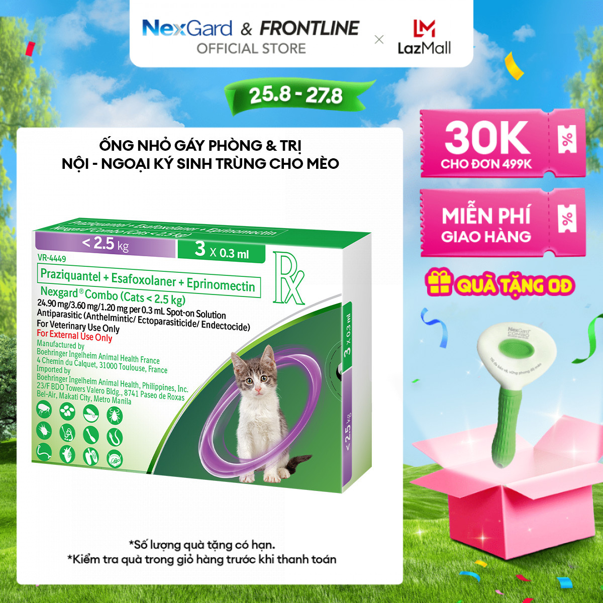 Nexgard combo - ống nhỏ gáy phòng & trị nội, ngoại kí sinh dành cho mèo size s - 1 hộp 3 ống