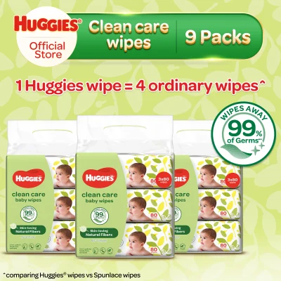 [Made in Singapore] Huggies Baby Wipes Clean Care 80sx3 - Bundle of 3 (9 packs)