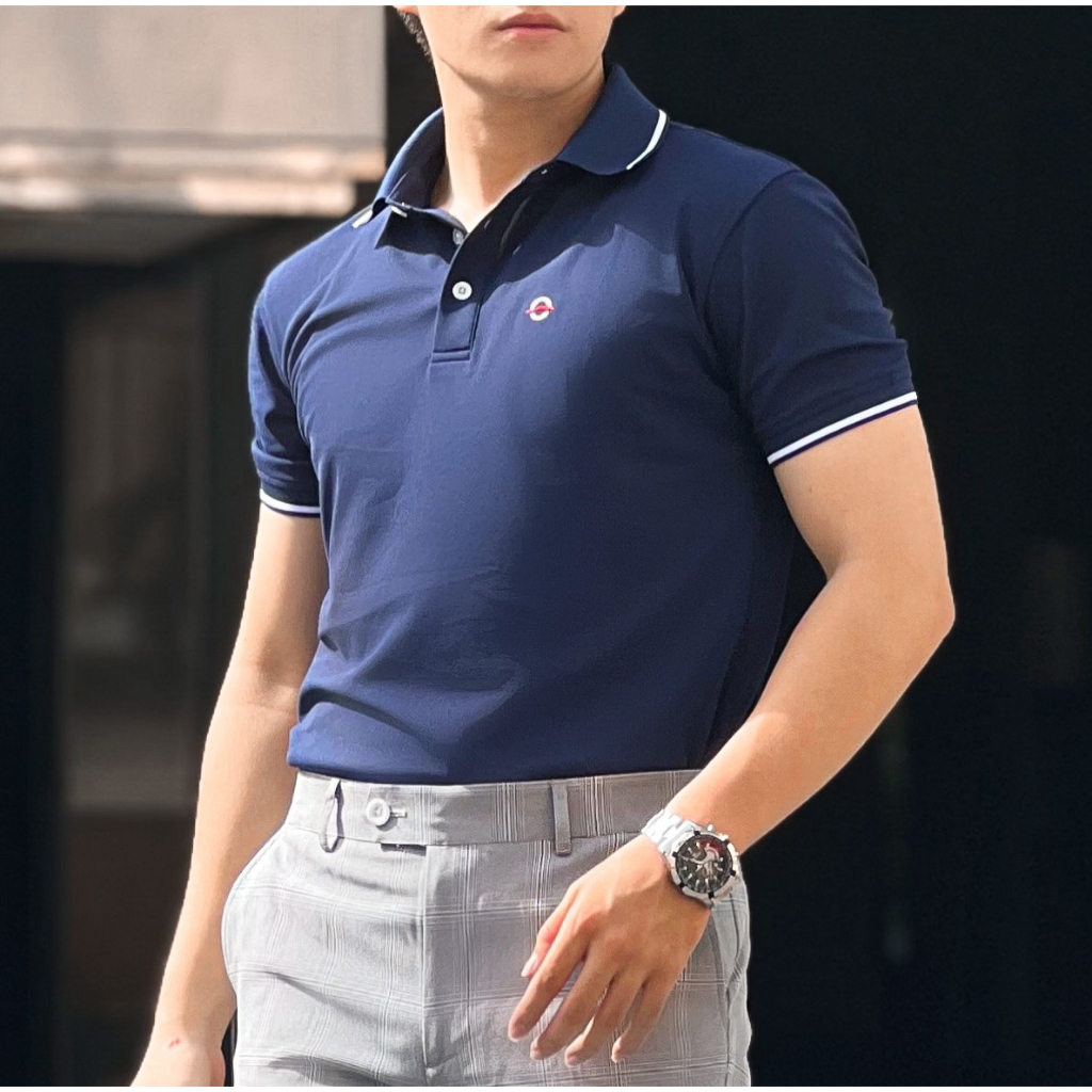 PO911-NEW Áo Polo Nam DOCAS Vải Cotton CMC Màu Xanh Navy Cổ Phối Viền Trắng Phom Regular Fit