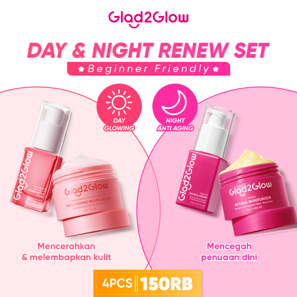 Paket Glad2Glow 2pcs Skincare Set Serum + Moisturizer Glad2Glow Kits Brightening Set Glowing Set Barri…