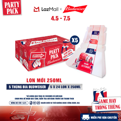 Combo 5 Thùng 24 Lon Bia Budweiser PartyPack Chính Hãng (250ml/lon)